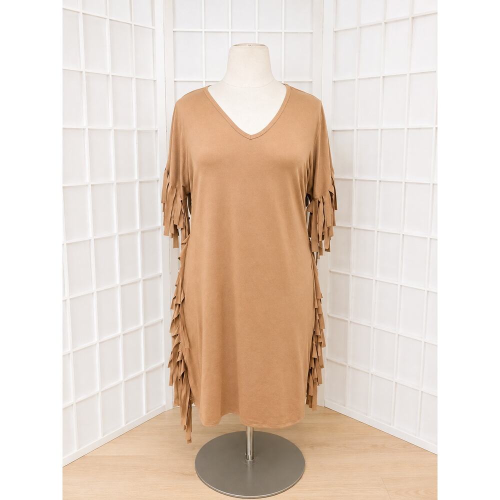 Curvy Sense Camel Western Faux Suede Knee Length Fringe Dress Plus Size: 1X - Picture 3 of 7